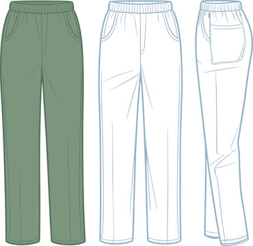 Flat vector fashion pants technical illustration front back side view