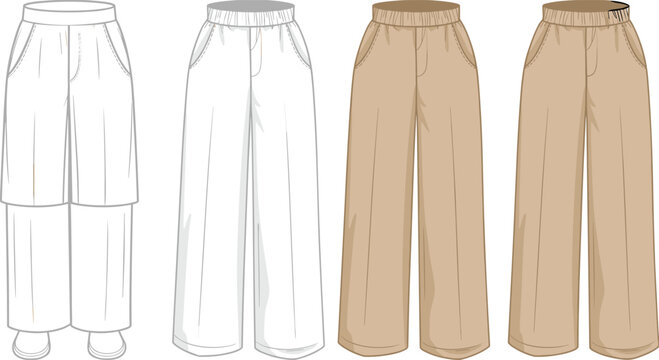 Flat vector wide leg pants technical drawing set casual trousers fashion template