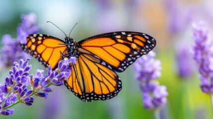 Obraz premium Majestic Monarch Butterfly with Orange and Black Patterns on Lavender Flowers