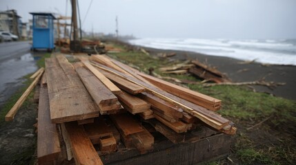 Fototapeta premium Pile of weathered, splintered wooden planks on a beach near the ocean with rough textures.