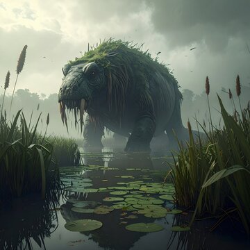 Giant Moss-Covered Swamp Creature Emerging from Murky Waters.
