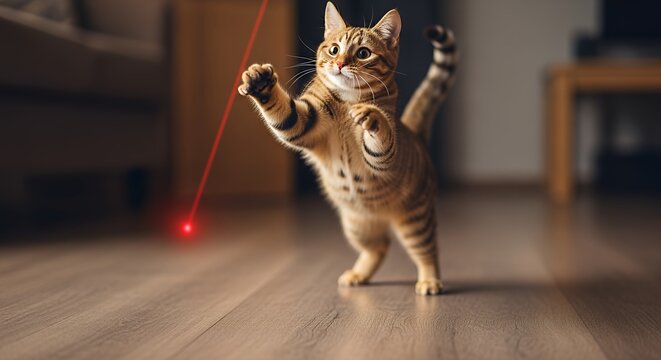 Playful Kitten Chasing Red Laser Dot Indoors