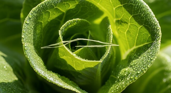 Close-up of dew drops on green cabbage leaves spiral