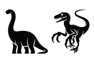 Fototapeta premium Brachiosaurus and velociraptor dinosaur black silhouette illustration