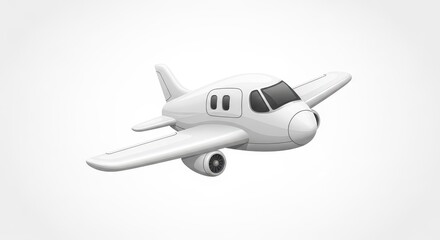 Fototapeta premium Small white airplane flies through the air against a neutral background.