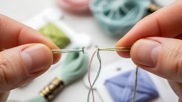 Fingers Joining Embroidered Threads For Needlework Project Creation