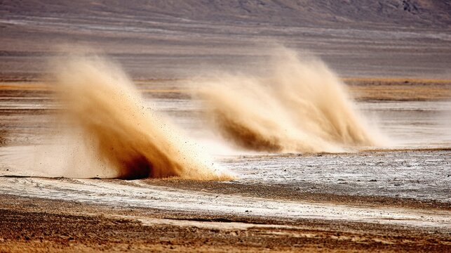 Swirling dust devils dance across a vast dry desert plain in a powerful windstorm