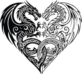 Fototapeta premium Intricate tribal twin dragon heart design black and white symmetrical mythical creatures tattoo style illustration with Celtic ornamental details