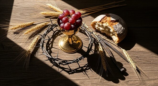 A still life of bread, grapes, and wheat arranged with a crown of thorns and a golden chalice on a wooden table.