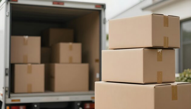 A moving truck is parked outside a house, filled with cardboard boxes, symbolizing a new beginning and transition