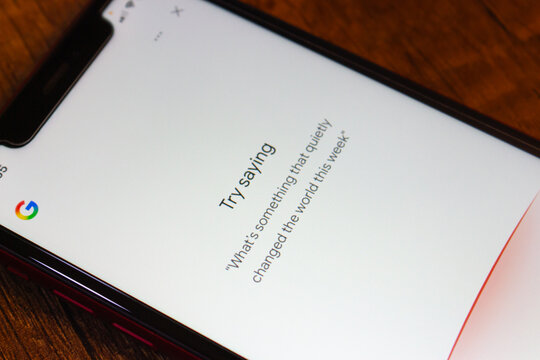 Mexico City, MEXICO - Mar 31 2026 : Google Voice Search screen with the text "Try saying" and a suggested voice query about world news.