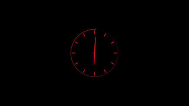 A minimalist red analog clock face with simple hour markers and two thin hands pointing to approximately ten minutes before eleven oclock is set against a solid black background