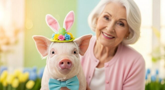 An elderly woman smiling with a piglet wearing Easter bunny ears and a bow tie