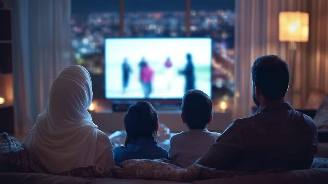 Family watching TV at home