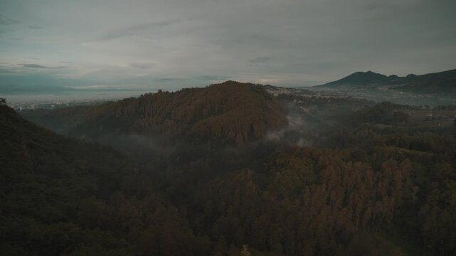 Cinematic misty forest mountain landscape during early morning with soft fog covering the valley. Filmed at Tebing Keraton, Bandung, West Java, Indonesia. Peaceful tropical scenery with lush greenery 