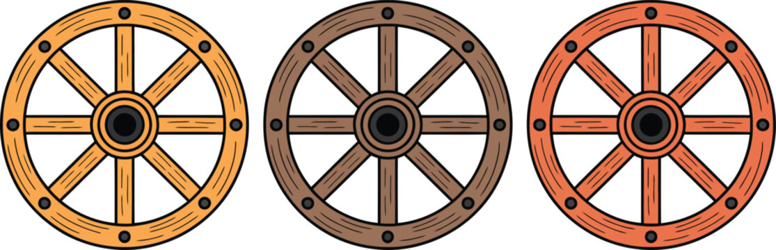 Three colorful wooden wagon wheels in orange brown and yellow hues side by side on white background