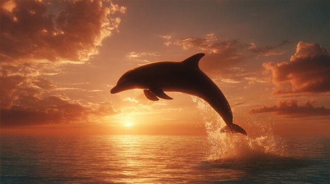 Graceful dolphin leaping from the ocean surface at sunset with a warm, glowing sky