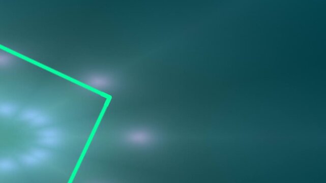 A vibrant green square with a flower-like pattern and bright lights on a dark teal background