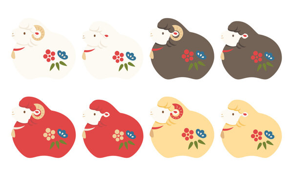 未干支の横向きのかわいい羊のカラフル置物セット