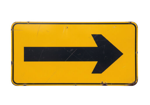 A yellow road sign with a black arrow pointing to the right isolated on transparent background , png
