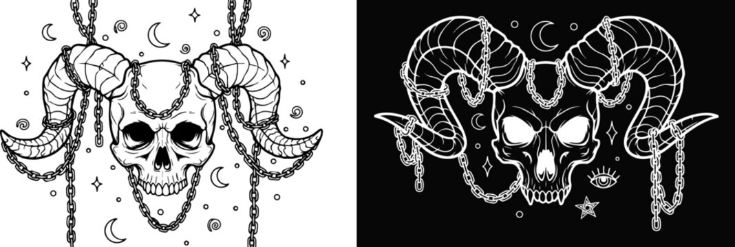 Occult ram skull vector illustration, mystical horned demon skull with chains and crescent moons, gothic satanic baphomet head for t-shirt design