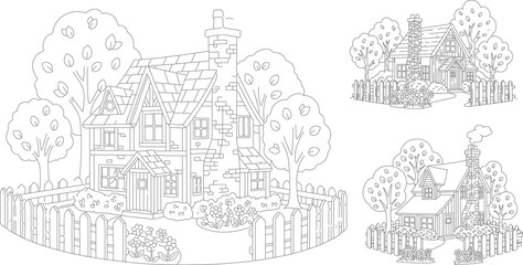 Obraz premium Cottage coloring page vector set, cozy country house line art with garden and picket fence, rustic village home illustrations for kids activity