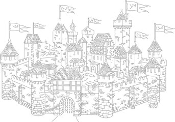 Naklejka premium Medieval castle line art illustration, vintage fortress with stone towers and flags, detailed kingdom palace coloring page vector