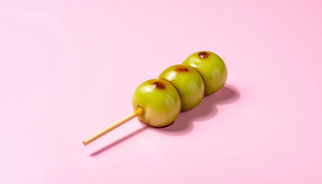 Mitarashi dango with glossy soy glaze pink background