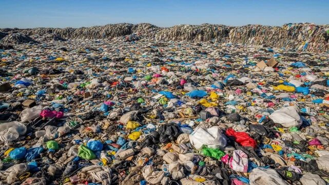 A vast, sprawling landfill site filled with an immense amount of colorful plastic waste and other discarded refuse under a clear blue sky.