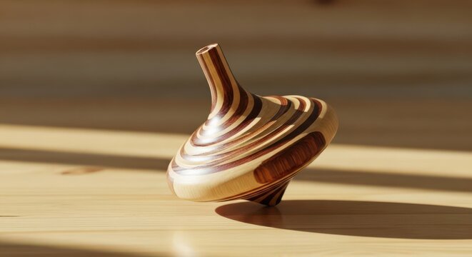 Handcrafted Wooden Spinning Top Toy on a Wooden Surface