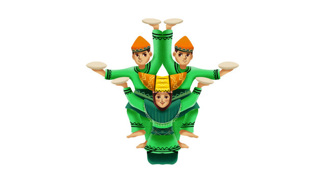 Group performing traditional Reog Ponorogo dance from East Java cartoon illustration