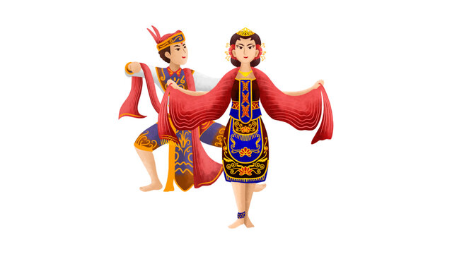 Couple performing traditional Minangkabau plate dance piring cartoon illustration
