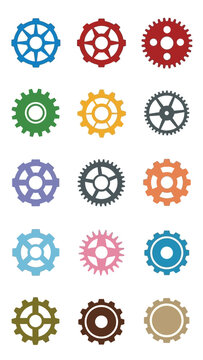Collection of colorful gears and cogs representing machinery and mechanical systems