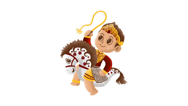 Cute Boy Playing Kuda Lumping Flat Horse Dance Illustration