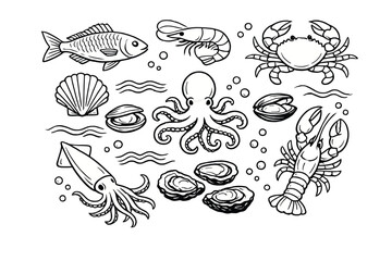 Obraz premium Hand Drawn Seafood Illustration Collection – Line Art Style