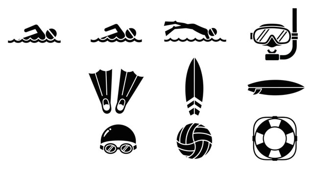 Collection of essential water safety and diving equipment icons for aquatic activities