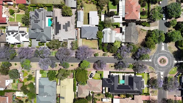 Glenside, Adelaide, South Australia: 4K aerial drone footage of residential suburbs with tree-lined streets, roundabouts, purple jacaranda flowers, houses and urban landscape