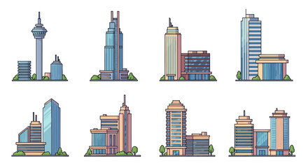 Obraz premium Flat Outline Illustration of Modern City Buildings and Skyscrapers for Urban Architecture