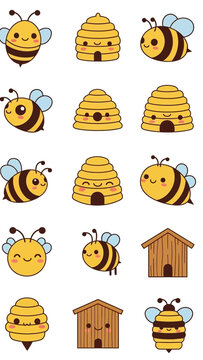 Cute cartoon bees and beehives illustration showing friendly insects and hive structures