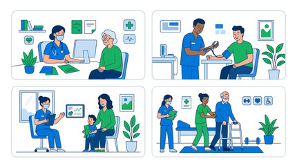 Fototapeta premium Medical consultations and patient care illustrations depicting various healthcare scenarios.