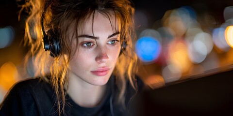Naklejka premium A focused young woman with headphones looks at a screen, illuminated by city lights in the night, working late from home on a project.