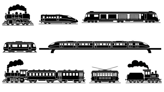 Black and White Silhouettes of Various Passenger and Freight Trains Including Steam and Modern