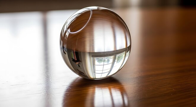 Glass sphere displaying refracted image resting on dark wooden surface