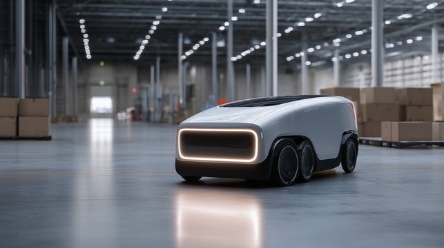 Autonomous delivery robot in a modern smart warehouse interior