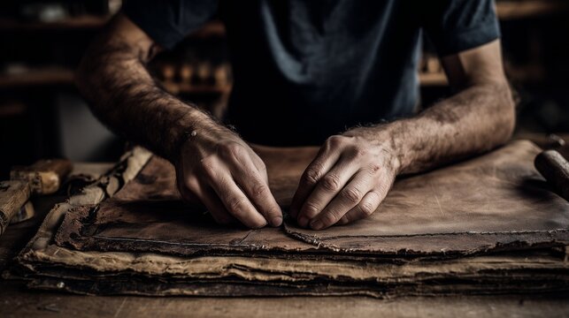 Skilled hands of a craftsman rolling a premium cigar with tobacco leaves
