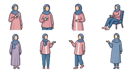 Fototapeta premium Muslim Women Lifestyle Flat Vector Character Illustrations in Diverse Poses