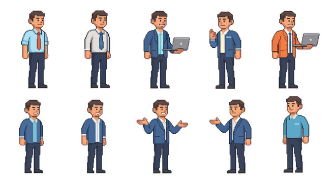 Pixel Art Businessmen Character Set - Professional Men with Laptops for Business  Technology