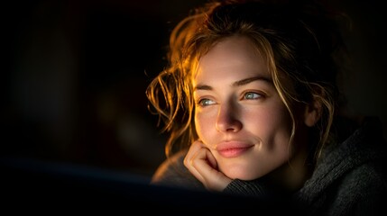 Fototapeta premium A beautiful young woman with wavy blonde hair is thoughtfully gazing out of frame with a gentle smile in soft, golden light indoors setting.