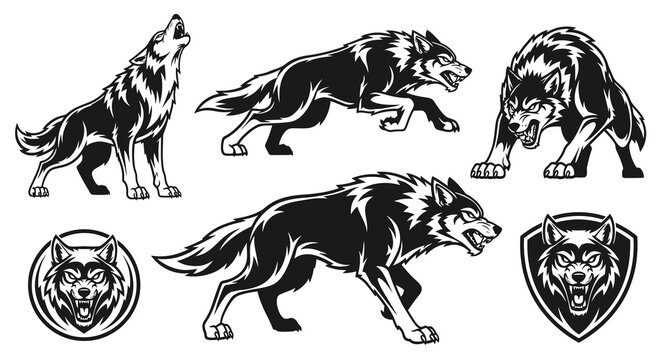 Animal Wildlife Wolf Mascot Vector Illustrations Black and White Set