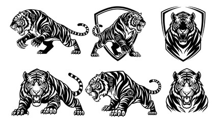Obraz premium Black White Tribal Roaring Tiger Vector Line Art Set for Wildlife, Sports Mascot Design
